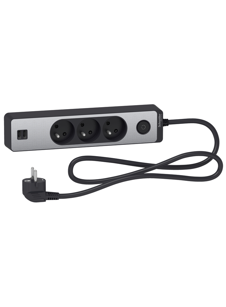 Odace, przedłużacz 3-gniazdowy z łącznikiem 2xUSB, 1,5m antracyt/szczotkowane aluminium