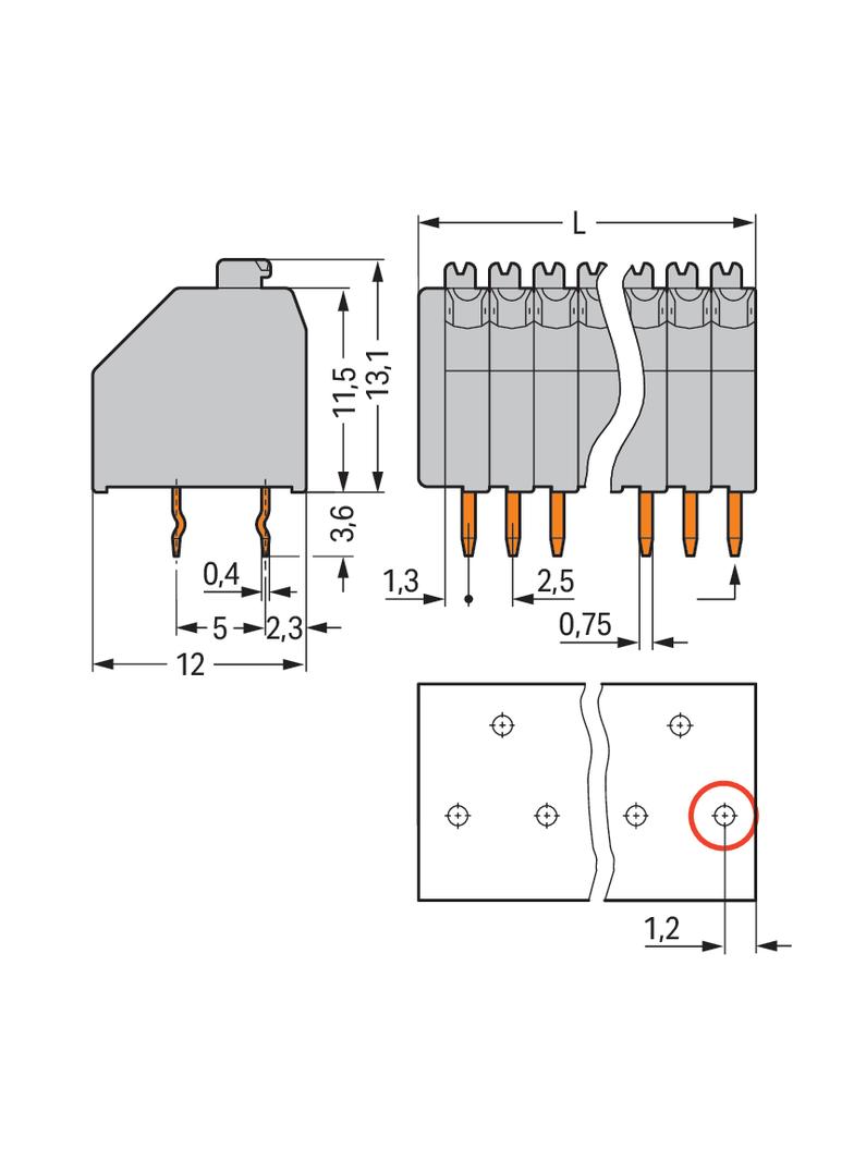 listwa zaciskowa do pł. drukowanych 2-bieg. szara raster 2,5 mm /180szt./ WAGO