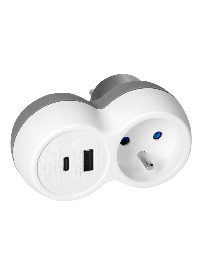 Rozgałęźnik 2P+Z, USB-A+C, biało-szary