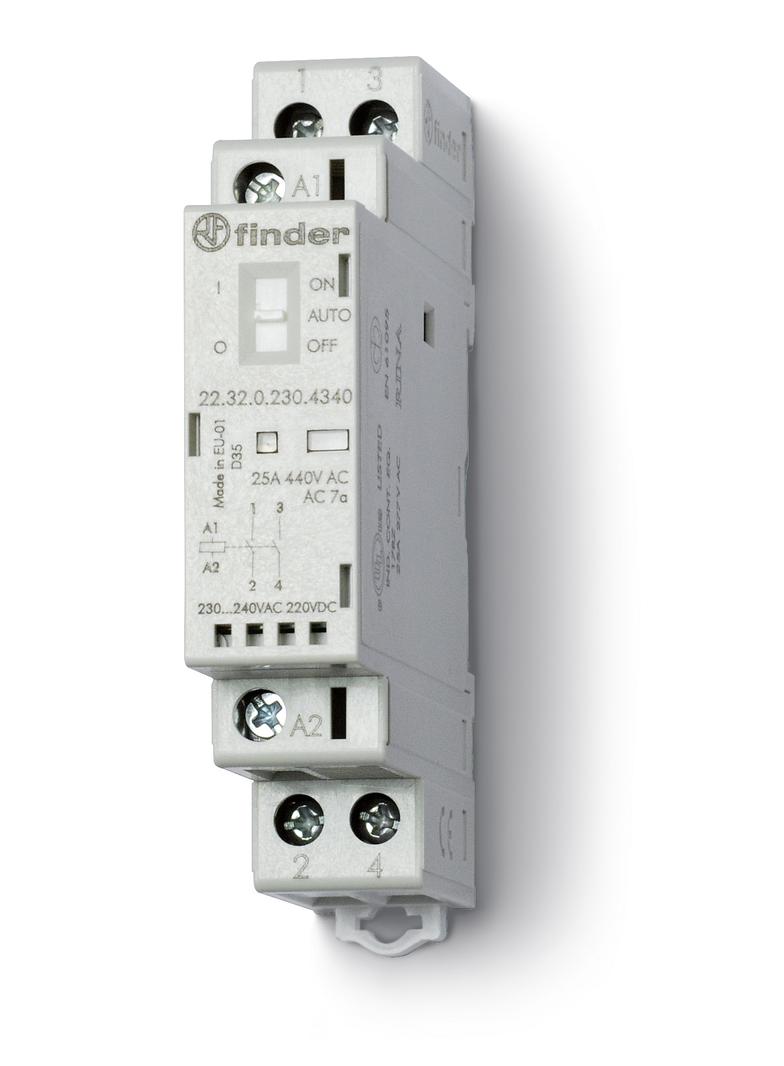 Stycznik modułowy 2 Z; 25A; 230V AC/DC; AUTO-ON-OFF + mech. wskaźnik zadziałania + LED, 22.32.0.230.