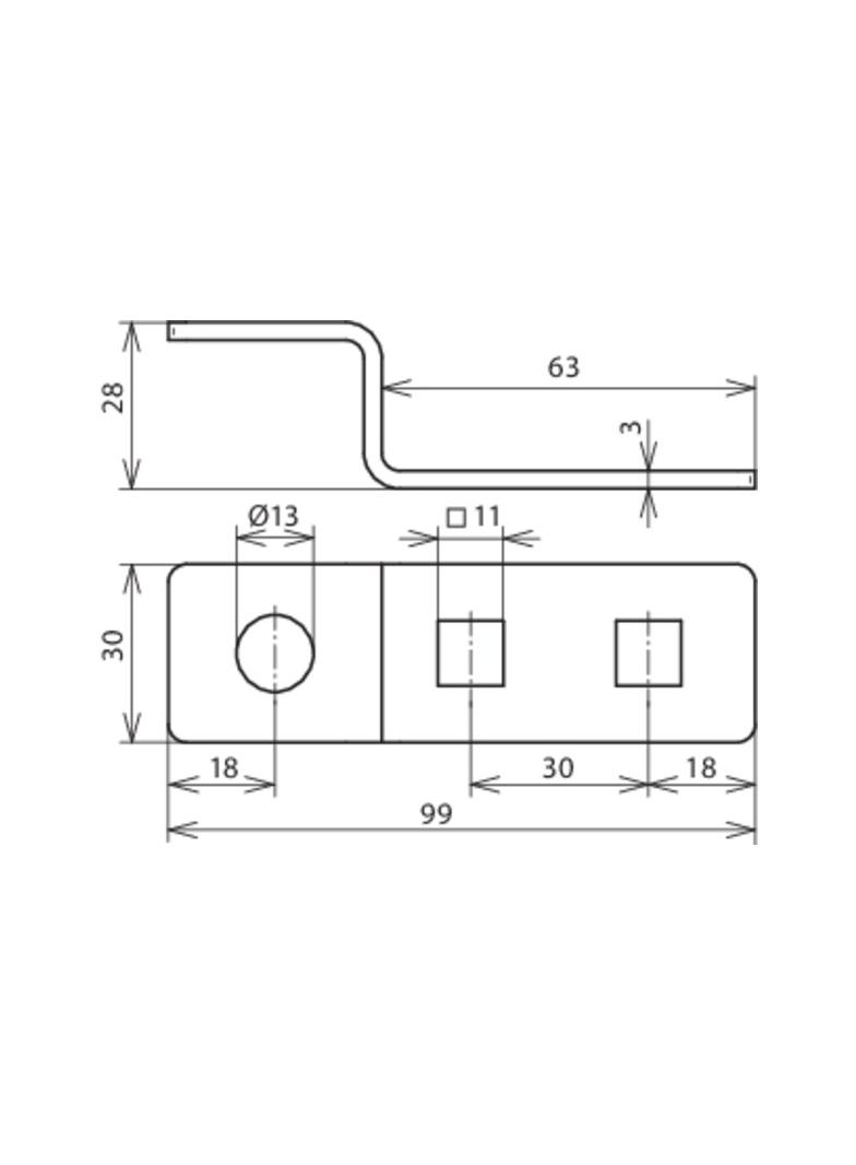Łącznik Z z 2 kwadratowymi otworami 11 mm i okrągłym 13 mm, stal nierdzewna NIRO