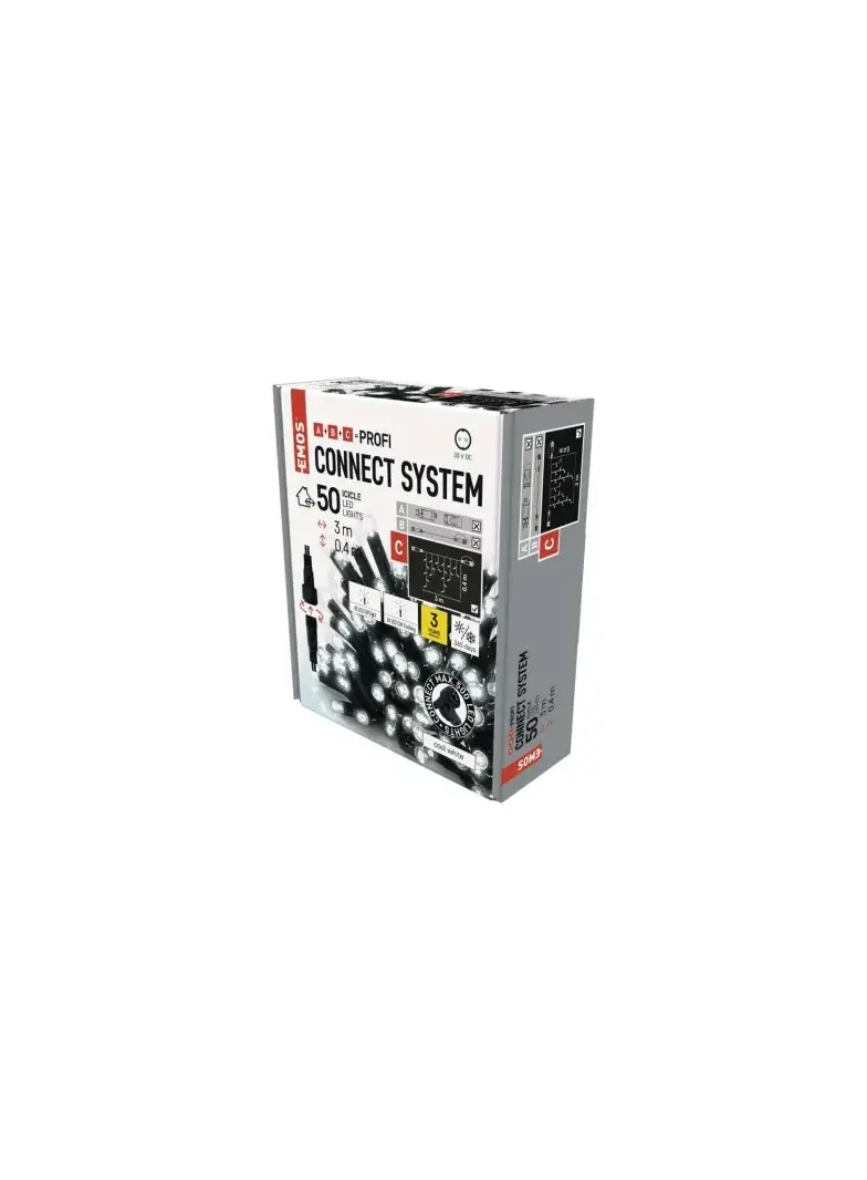 Oświetlenie łączone Profi - sople 50 LED 3m zimna biel miga, czarny przewód, IP44, timer