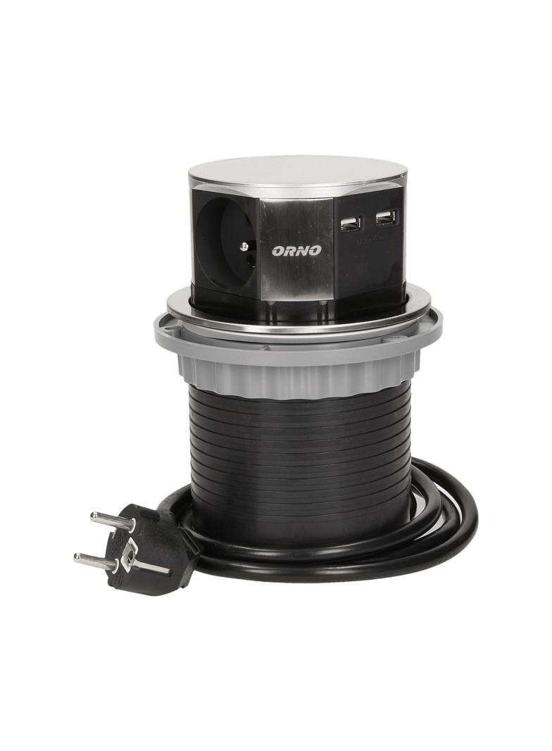 Gniazdo okrągłe wysuwane z blatu 3x250V AC +2xUSB z przewodem 1,5m, INOX