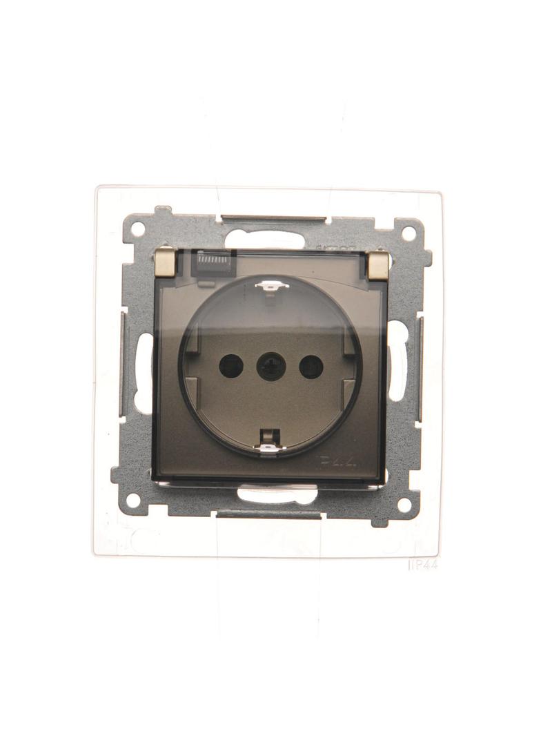 Simon 54 Gniazdo Schuko IP44 z przesłonami z uszczelką ramki 16A z. śrub. klapka transp. złoty mat