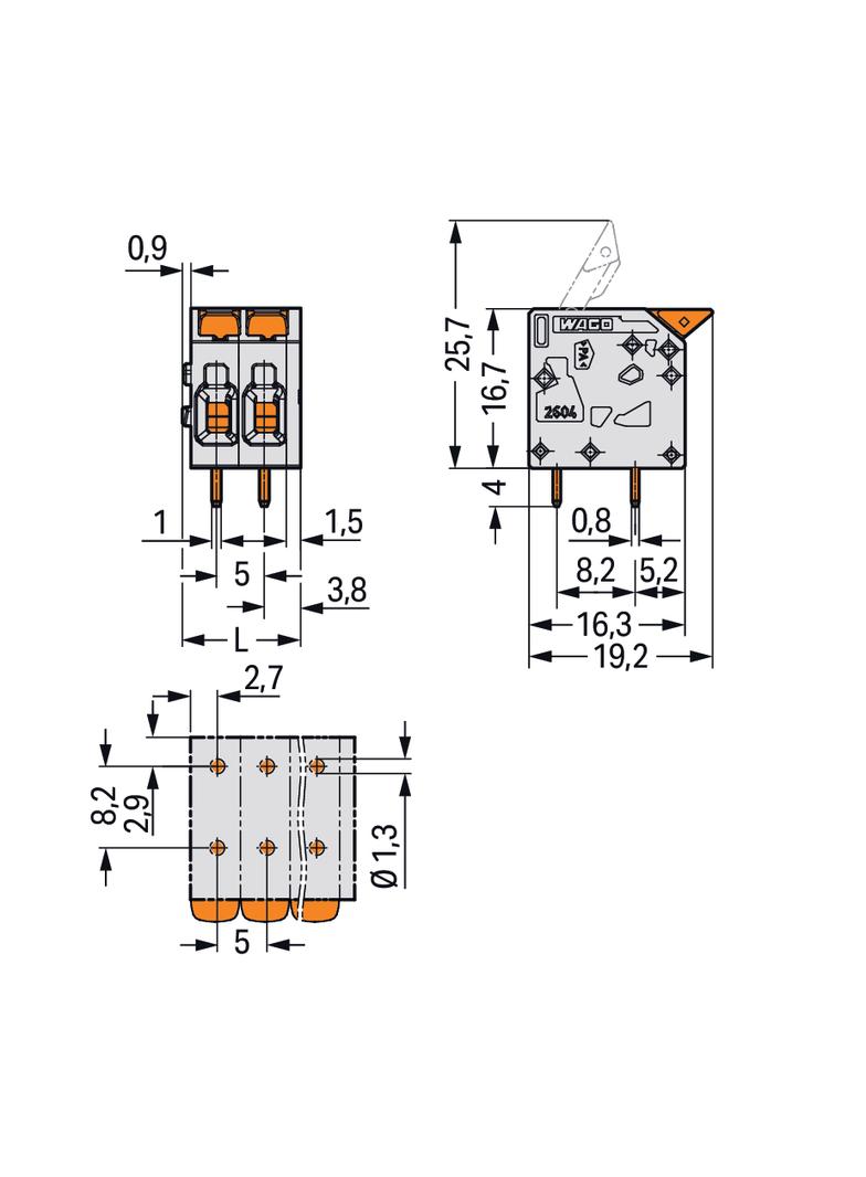 Złączka do płytek drukowanych dźwignia 4mm2 RM 5mm 3-bieg szara /130szt./ 2604-1103 WAGO