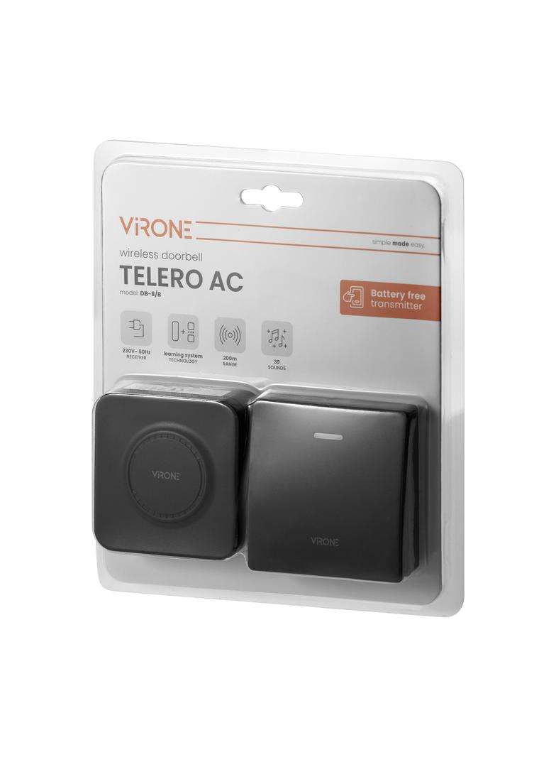 TELERO AC, dzwonek bezprzewodowy, sieciowy, przycisk bezbateryjny, learning system, 36 dźwięków, 200