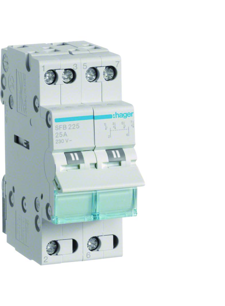 Modułowy przełącznik instalacyjny I-0-II punkt wspólny od dołu 2P 25A 230VAC SFB225 HAGER