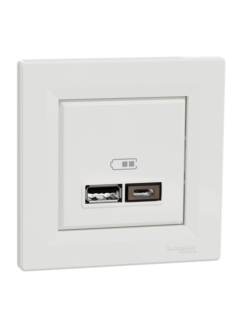 Asfora, gniazdo ładowania USB A+C 2,4A, z ramką, białe
