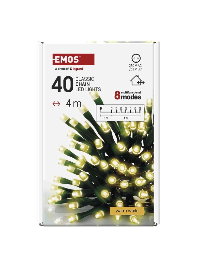 Lampki choinkowe Classic 40 LED 4m ciepła biel zielony przewód IP44 8 programów timer D4AW21 EMOS