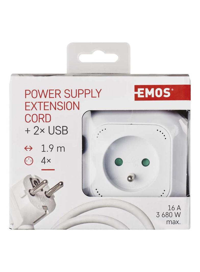 Przedłużacz kostka 4 gniazda, 2 USB, 1,9m, FRENCH P04119U EMOS