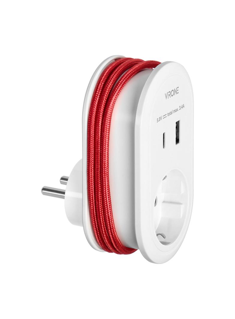 Adapter 1x 2P+Z z ładowarką USB (Typ A+C), 5V DC/ 3,4A, z dodatkowym kablem ładującym (typ C + Light CS-2(GS) ORNO
