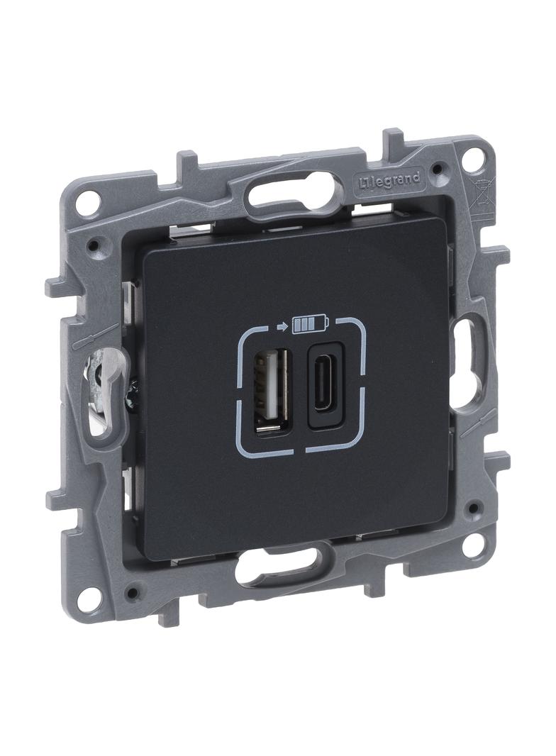 NILOE SELECTION - GNIAZDO 2 X USB TYP A+C - 3 A ANTRACYT, Legrand