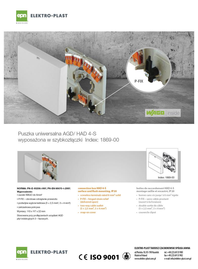 Puszka AGD/HAD 4-S uniwersalna (natynkowo-podtynkowa) przyłączeniowa do piekarnika/kuchenki szybkozł