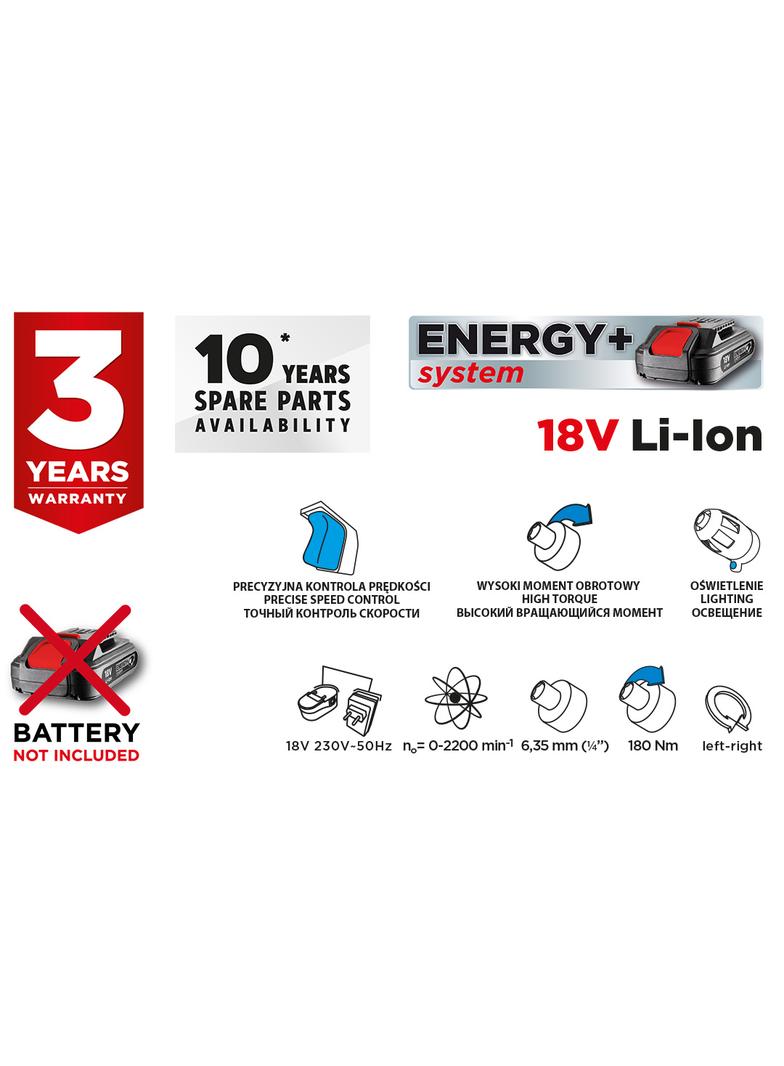 Zakrętarka akumulatorowa Energy+ 18V, Li-Ion, bez akumulatora
