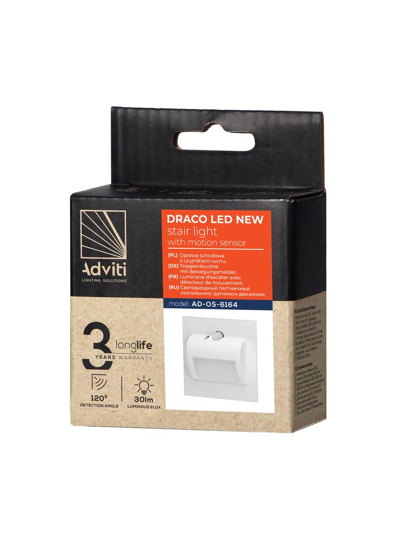DRACO LED NEW 1,5W oprawa schodowa podtynkowa 12VDC 30lm 6000K biała czujnik ruchu i zmierzchu AD-OS