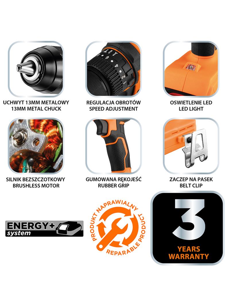 Wiertarko-wkrętarka udarowa bezszczotkowa 18V, uchwyt 13mm, compact, Energy+, bez akumulatora