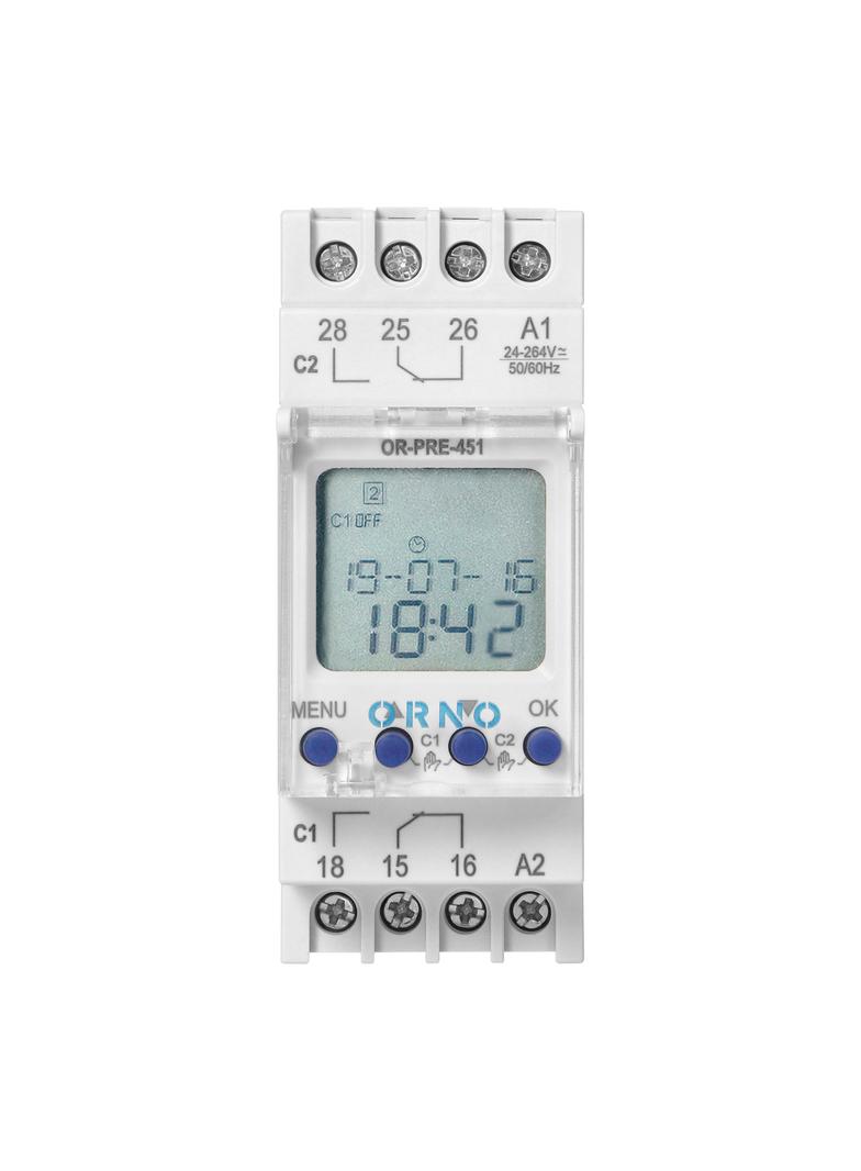 Elektroniczny programator czasowy, 100 programów, 3 języki menu, 2 wyjśćia przekaźnikowe 16A/230V, s OR-PRE-451 ORNO