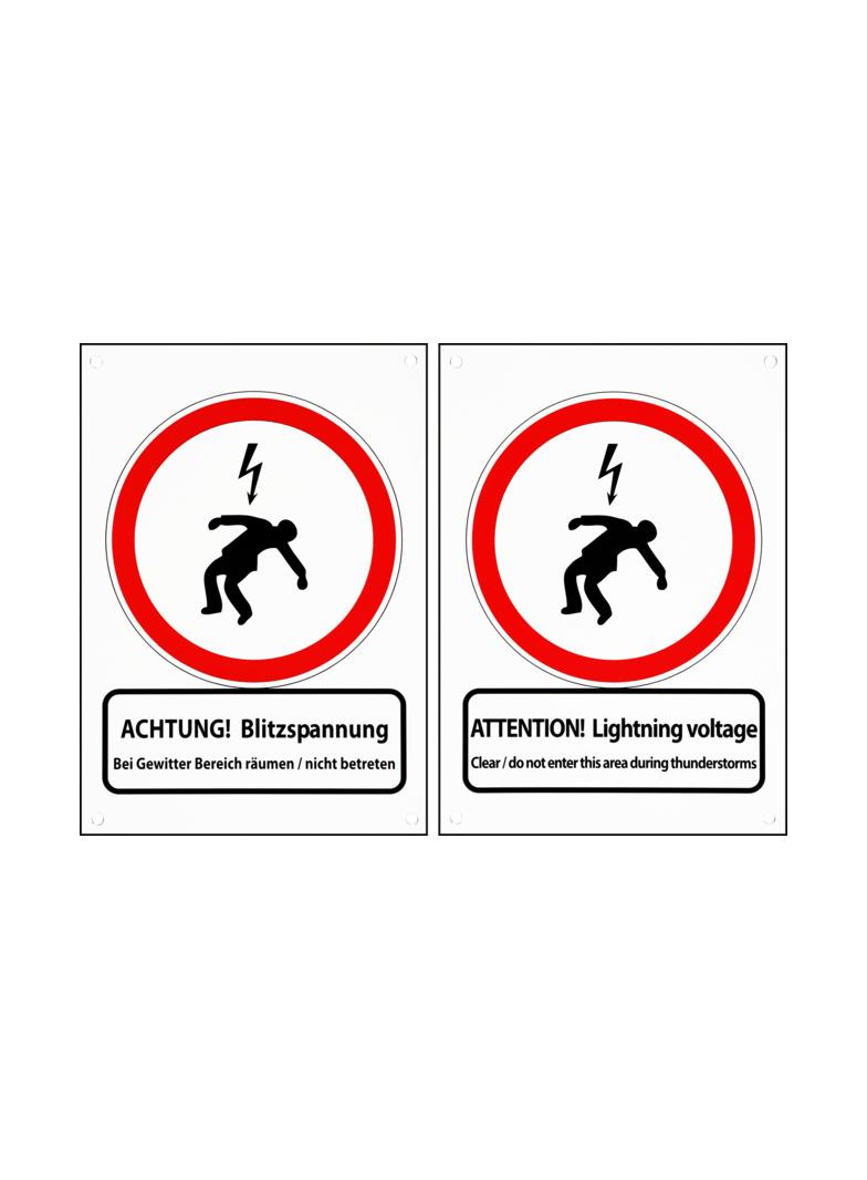Tabliczka ostrzegawcza "ACHTUNG! Blitzspannung. Bei Gewitter Bereich räumen / nicht betreten"