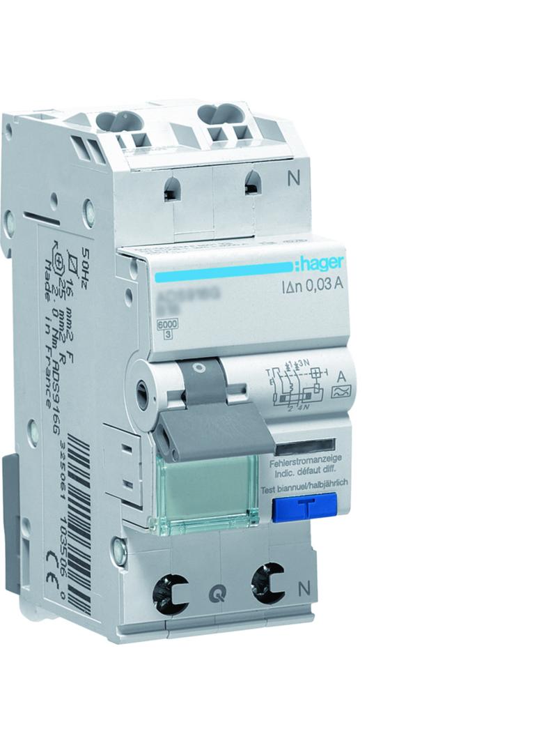 RCBO Wyłącznik różnicowoprądowy z członem nadprąd. 1P+N 6kA B 6A/30mA Typ A QC ADS906D HAGER