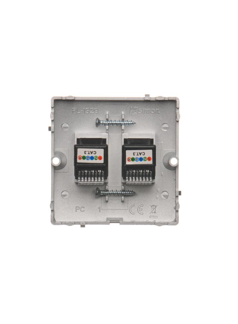 Simon Basic Gniazdo telefoniczne RJ12 podwójne Montaż gniazda na wkręty do puszki srebrny mat