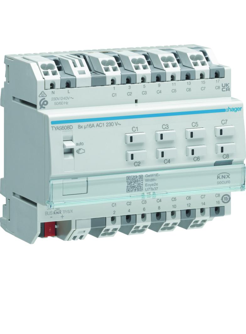KNX e/s Sterownik załączający / żaluzjowy 16 A, 8-/4-kr, KNX secure TYAS608D HAGER