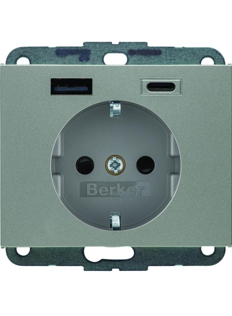 K.5 Gniazdo SCHUKO z ładowarką USB A+C 20W PD, stal szlachetna lakierowana