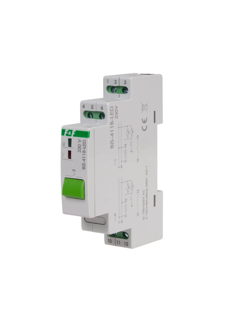 Przekaźnik bistabilny BIS-411B-LED z przyciskiem do sterowania ręcznego, na szynę DIN, z przekaźniki
