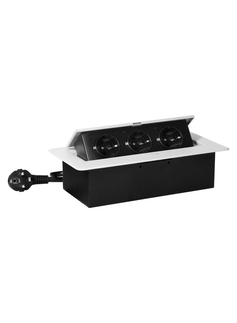 Gniazdo meblowe wpuszczane w blat z płaskim frezowanym rantem i przewodem 1,5m, 3x2P+Z (Schuko), bia