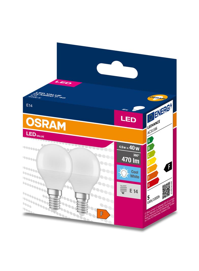 Żarówka LED x2 P45 Kulka E14 4.9W = 40W 470lm 4000K Neutralna 200° VALUE CLASSIC Osram