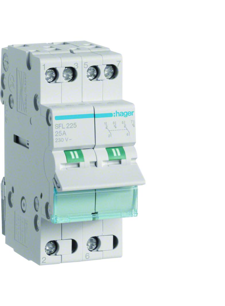 Modułowy przełącznik instalacyjny I-II punkt wspólny od dołu 2P 25A 230VAC SFL225 HAGER