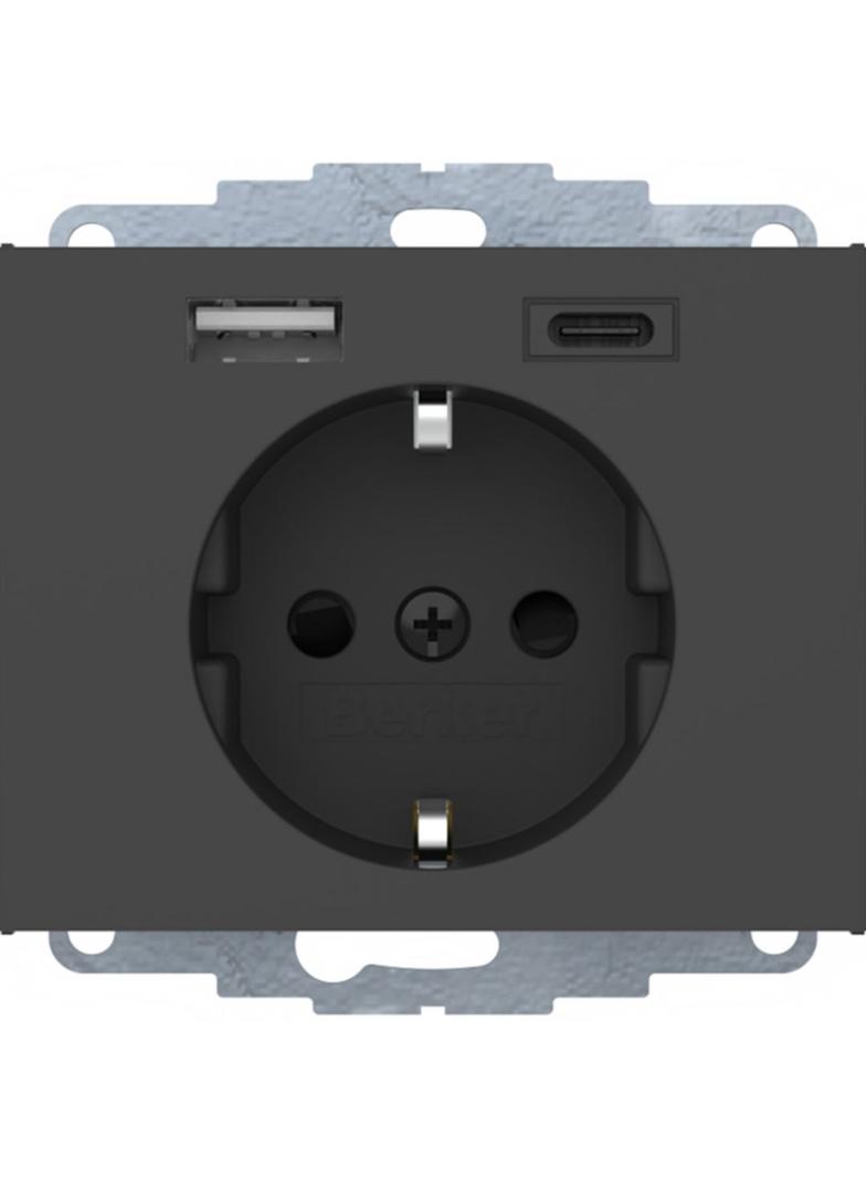 Berker K.1 Gniazdo SCHUKO z ładowarką USB A+C 2.4/3.0A samozaciski antracyt mat HAGER