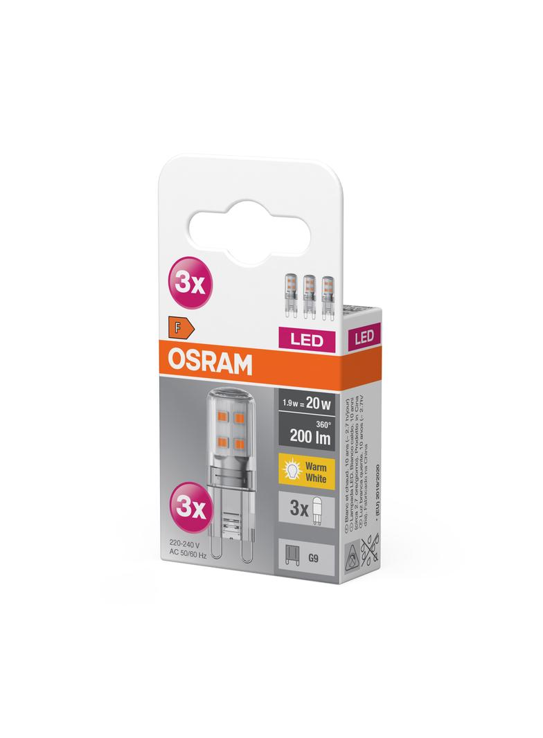 Żarówka LED x3 Kapsułka G9 1.9W = 20W 200lm 2700K Ciepła 300° BASE Osram