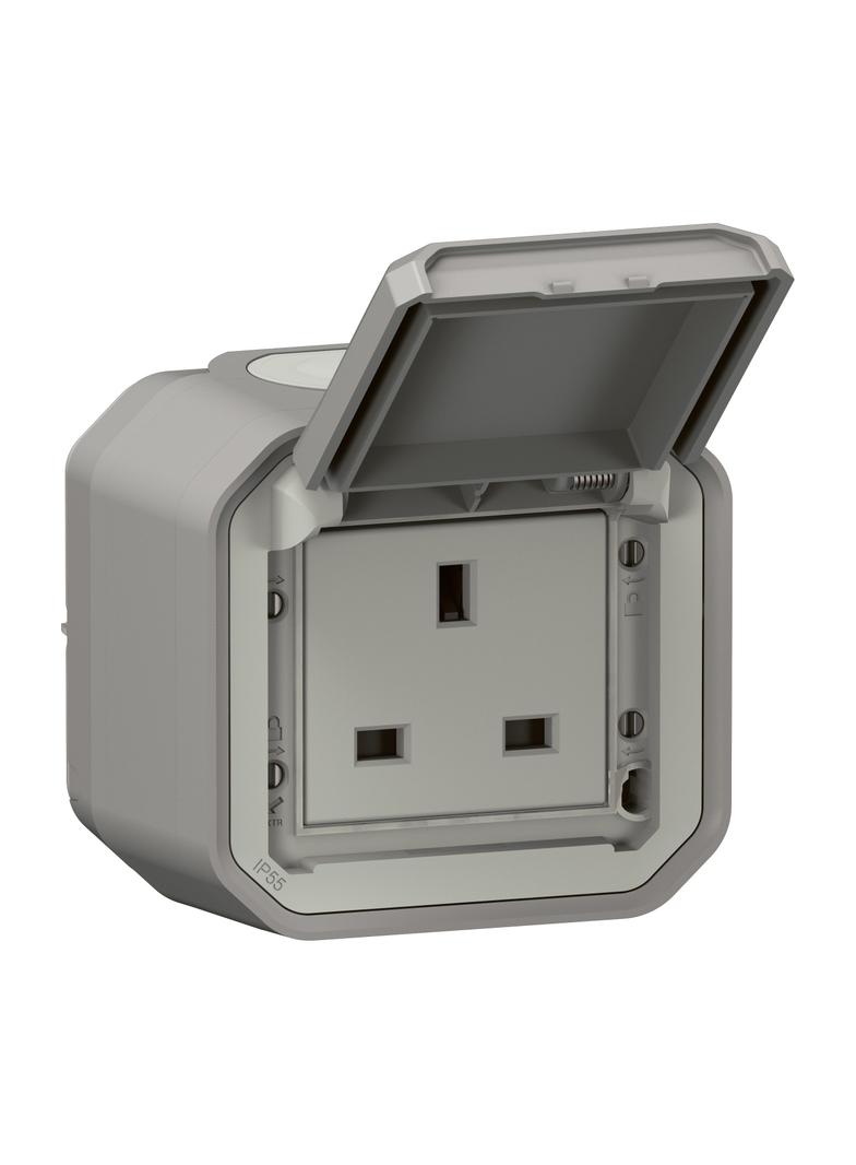 NOWE PLEXO - GN. STD. BRYTYJSKI 2P +Z ZACISKI ŚRUB NATYNKOWE 13A-250V SZARE 069732L LEGRAND