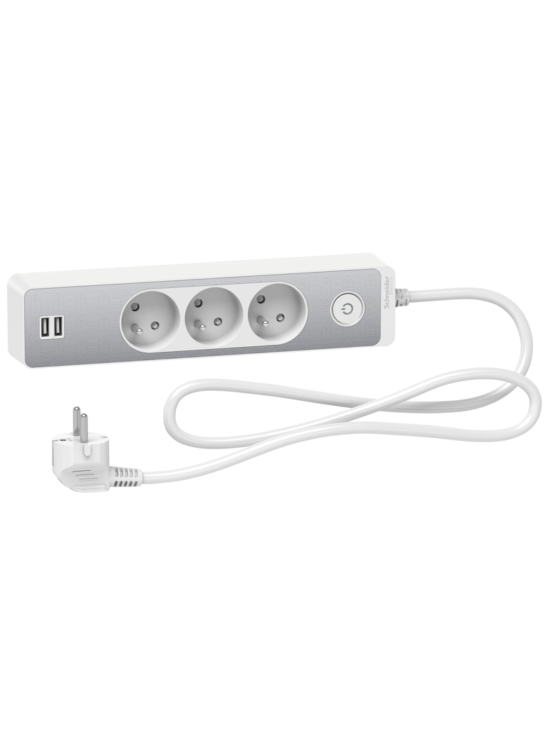 Odace, przedłużacz 3-gniazdowy z łącznikiem 2xUSB, 1,5m biały/szczotkowane aluminium