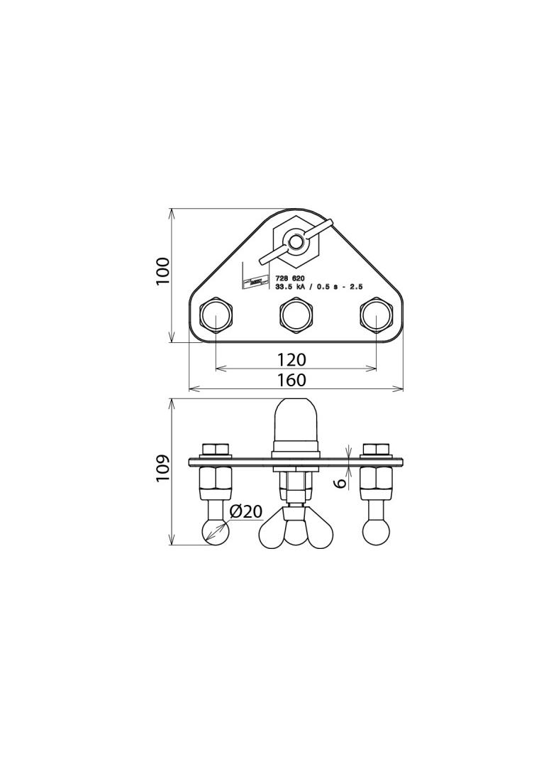 Płyta przyłączenia uziemienia z zaciskiem kołpakowym i 3 kulowymi punktami mocowania fi 20 mm