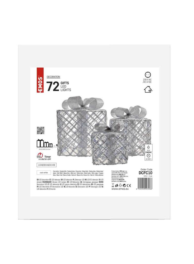 Świąteczne prezenty 72 LED srebrne zimna biel timer IP44 DCFC10 EMOS
