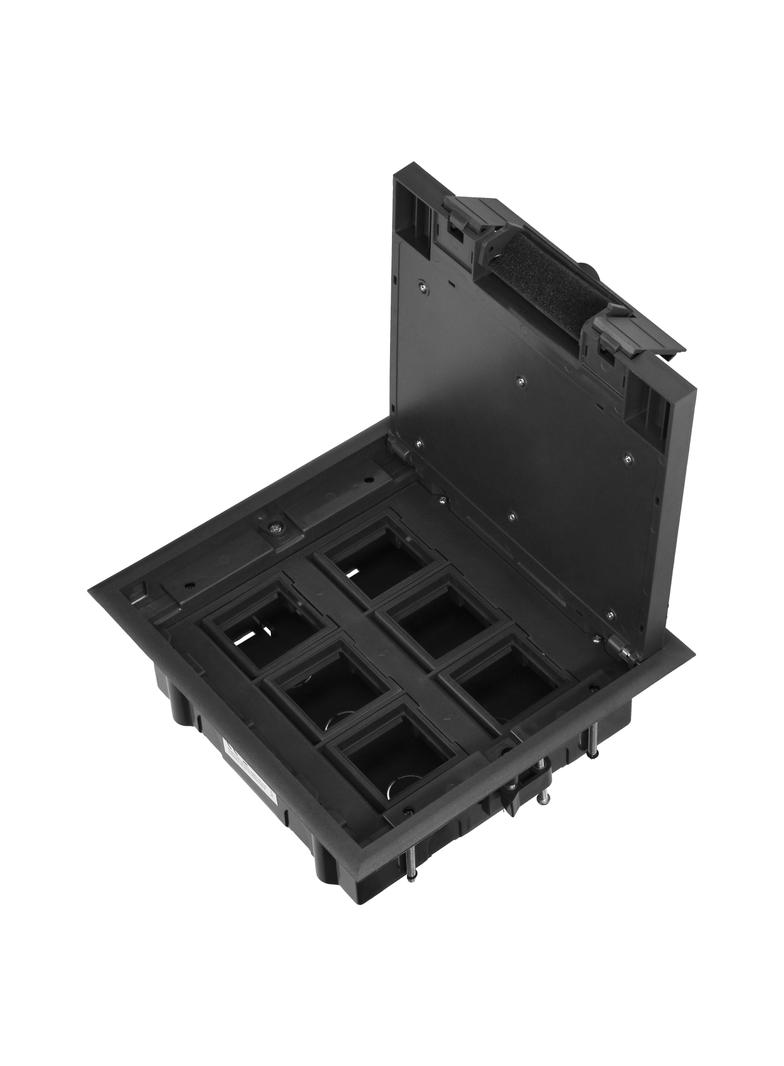 Puszka podłogowa na gniazda modułowe 6 x 45x45mm lub 12 x 22,5x45mm, pokrywa: plastik, czarna