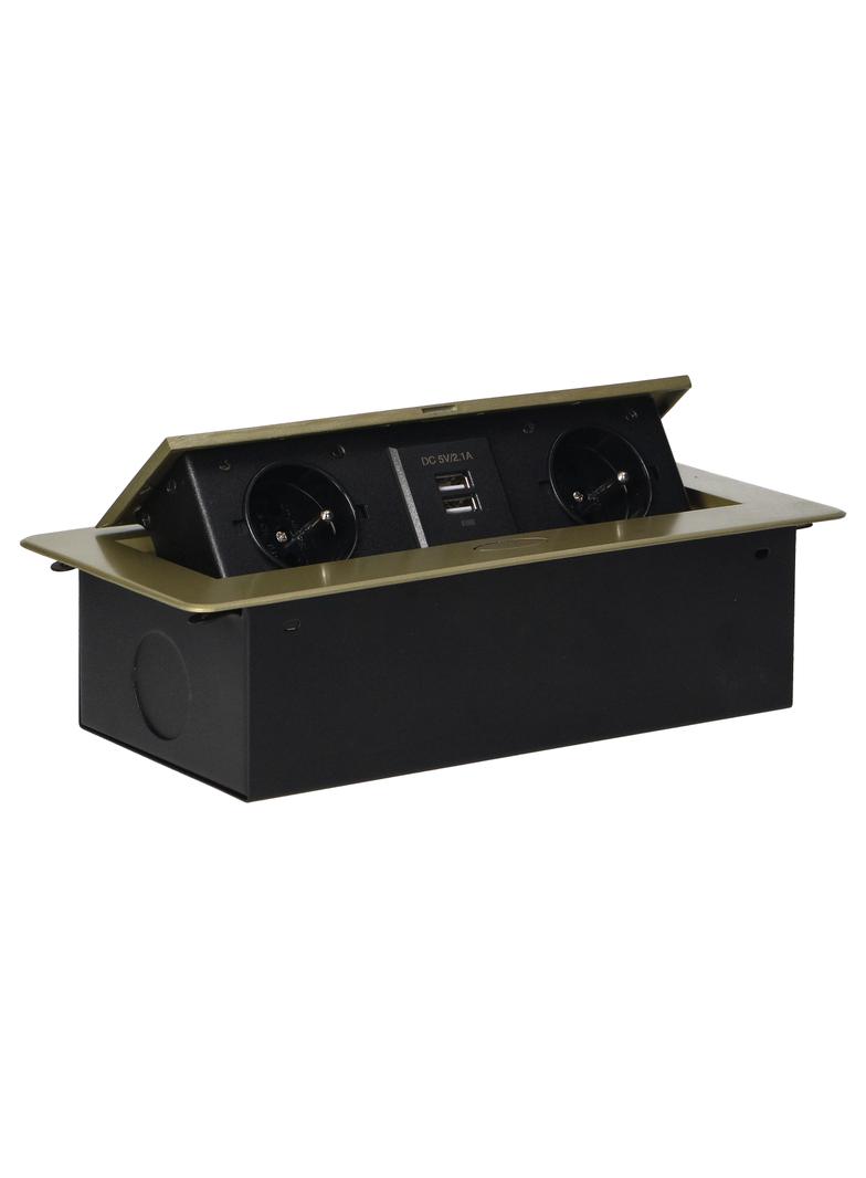 Gniazdo meblowe wpuszczane w blat z płaskim frezowanym rantem i ładowarką USB 2x2P+Z 2xUSB mosiąd OR