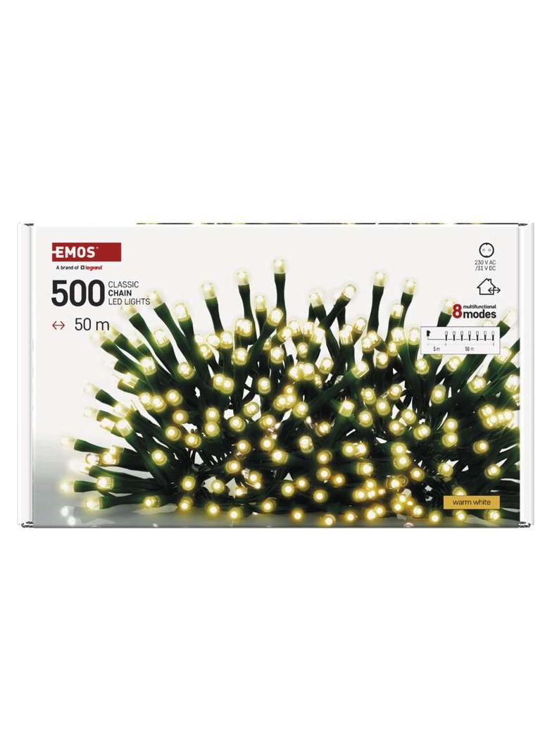 Lampki choinkowe Classic 500 LED 50m ciepła biel zielony przewód IP44 8 programów timer D4AW26 EMOS