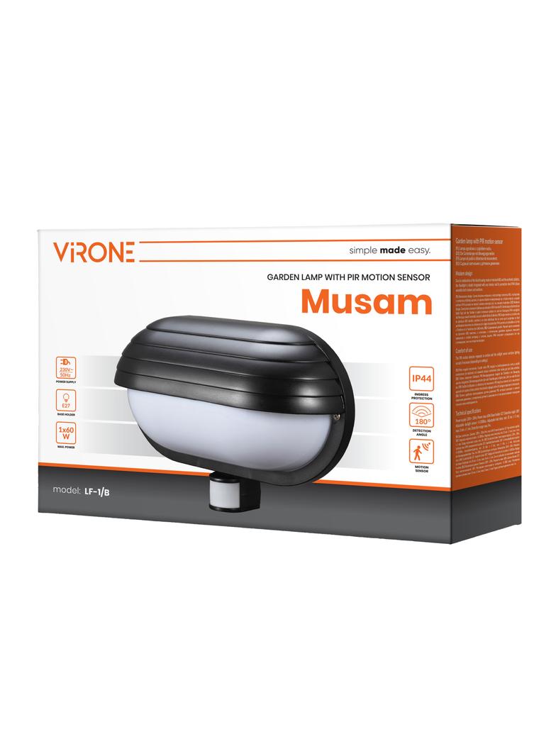 MUSAM, oprawa ogrodowa z czujnikiem ruchu 180st, 1x60W, E27, IP44, z przesłoną, plastik, czarna LF-1/B ORNO