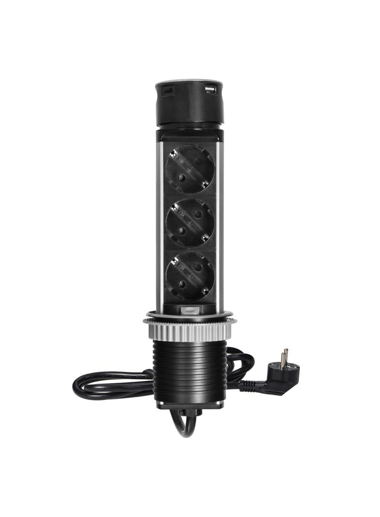 Gniazdo meblowe O6cm wysuwane z blatu z ładowarką USB i przewodem 1,5m 3x2P+Z (Schuko) 2xUSB (typ OR