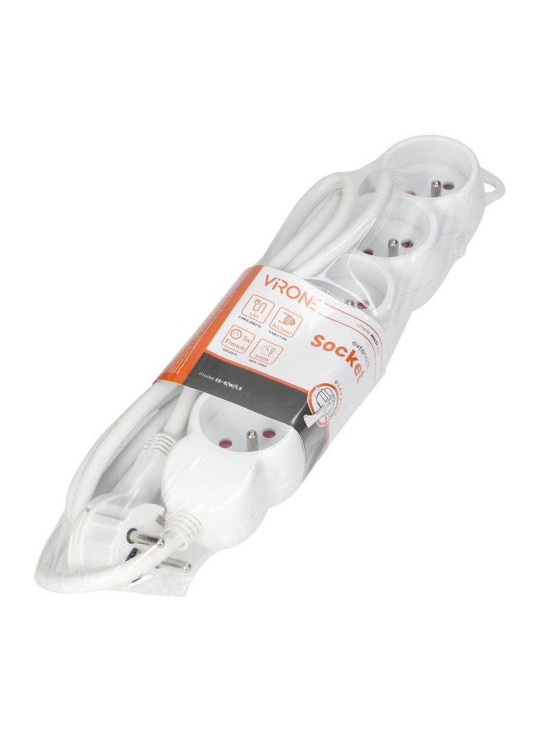 Przedłużacz 5-krotny 1,5m H05VV-F 3x1,5mm2 Imax=16A płaska wtyczka biały