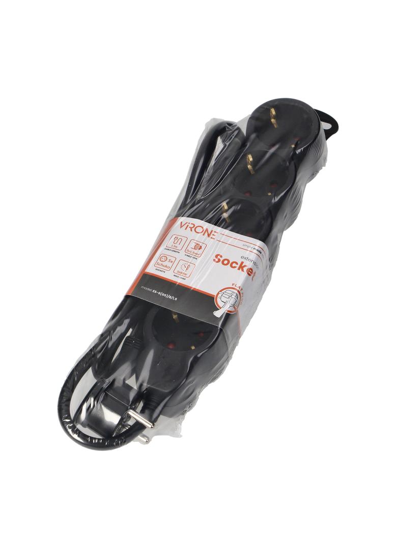 Przedłużacz 5-krotny 2P+Z (Schuko), 1,5m H05VV-F 3x1,5mm2, Imax=16A, płaska wtyczka, czarny ES-6(GS)/B/1,5 ORNO