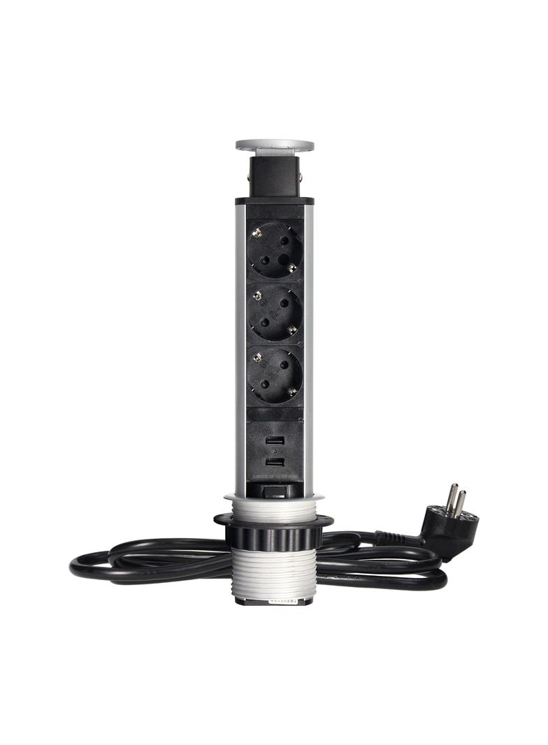 Gniazdo meblowe O6cm wysuwane z blatu z ładowarką USB blokadą i przewodem 1,8m 3x2P+Z (Schuko) 2x OR
