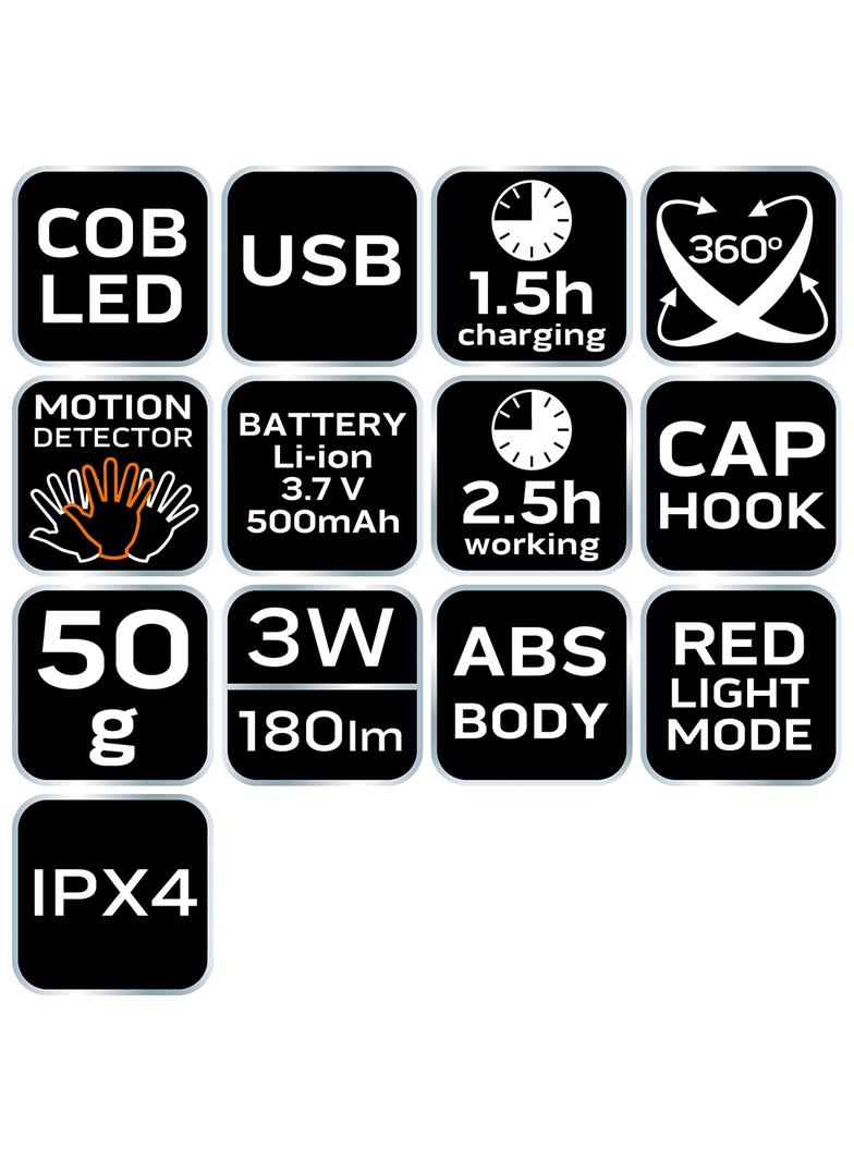 Latarka czołowa akumulatorowa USB 180 lm COB LED + czujnik ruchu