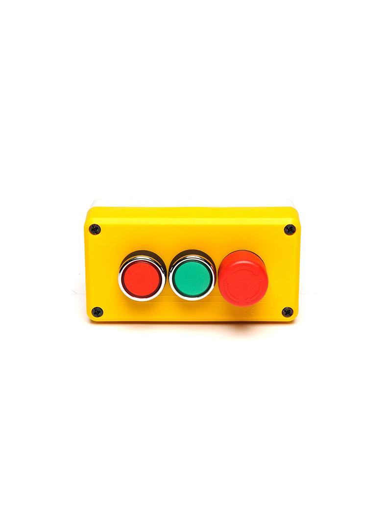 Kaseta żółto-szara, 3 przyciski, kryty ziel. (1NO), kryty czer.(1NC), bezpieczeństwa 30 mm (1NC)