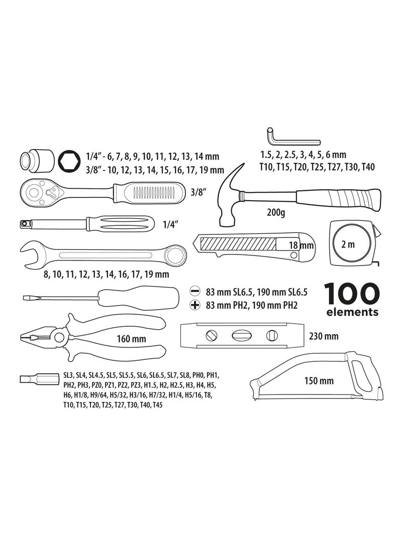 Zestaw narzędziowy 1/4", 3/8", 100 szt.