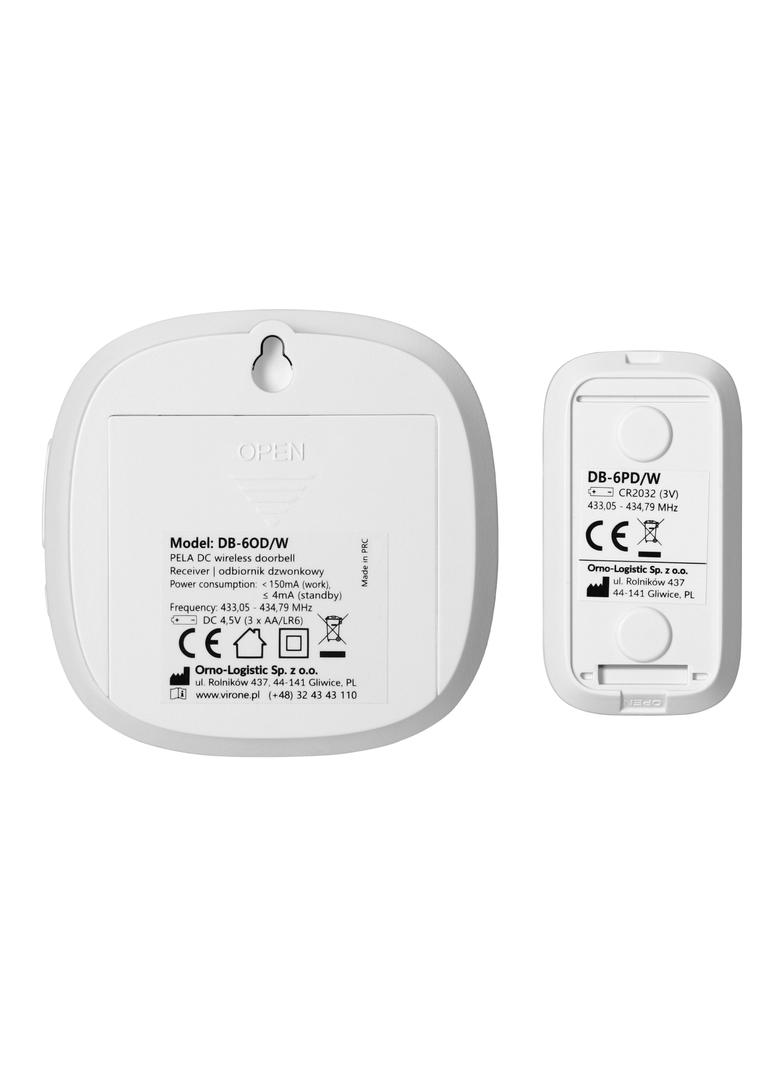 PELA DC, dzwonek bezprzewodowy bateryjny, learning system, 60 dźwięków, LED RGB, 300m, biały