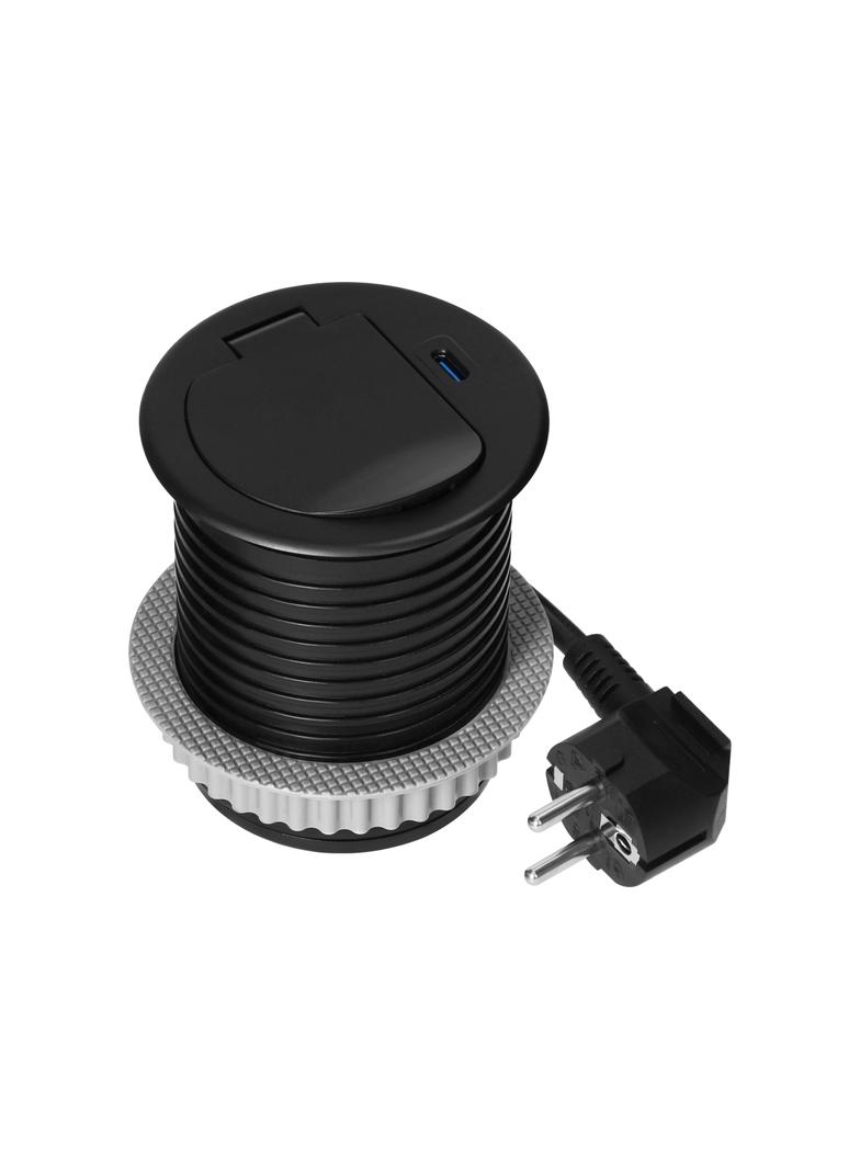 Gniazdo meblowe O6cm wpuszczane w blat z pokrywką, ładowarką USB i przewodem 1,9m, 1x2P+Z (Schuko),