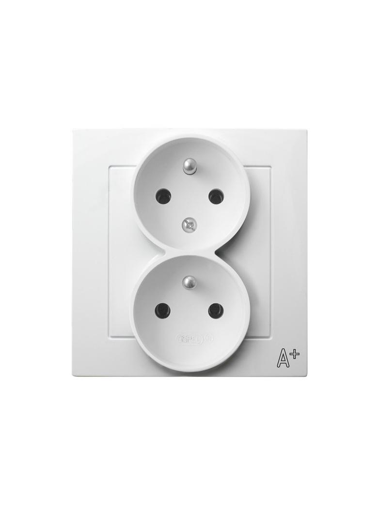 AS ANTYBAKTERYJNY Gniazdo podwójne z uziemieniem z funkcją niezamienności faz z ramką, produkt zawie